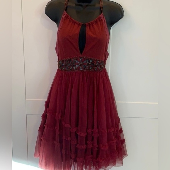 Free People Ruffle Poofy Tulle Sheer Babydoll Keyhole Beaded Formal Boho Dress - Picture 2 of 12